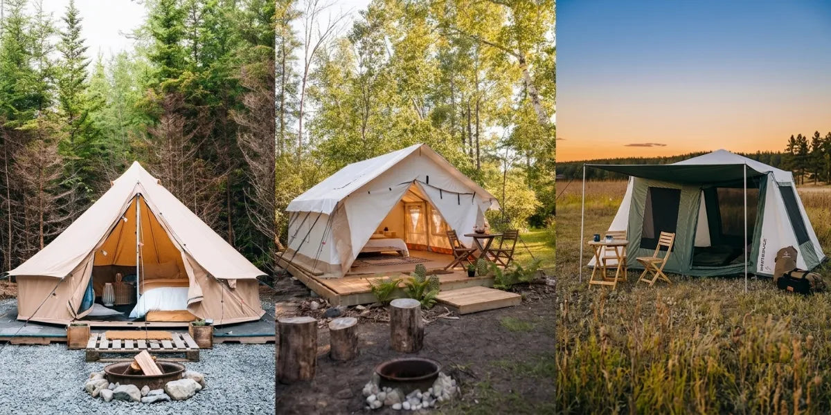 Collage showcasing camping setups with canvas regatta, alpha, and prota tents in natural forest and field settings.